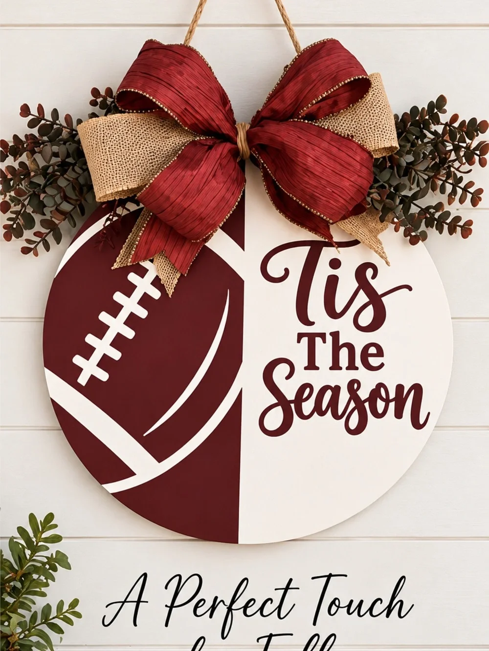 'Tis The Season Football Door Hanger - Burgundy & White Holiday Home Accent